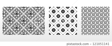 Geometric floral set of seamless patterns. White and black vector backgrounds. Damask graphic ornaments. Geometric floral set of seamless patterns. White and black vector backgrounds. Damask graphic ornaments. 121051141