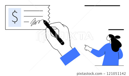 Hand holding pen signs check as person points in minimalistic drawing. Ideal for banking, finance, transactions, instructions, and agreements 121051142