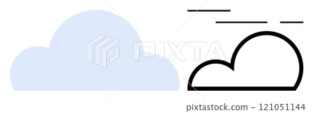 One blue cloud is filled with soft pastel color while the other is an outline, with stylized lines representing wind Ideal for weather apps minimalist design forecasts digital interfaces 121051144