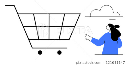 Woman pointing at a large shopping cart. Ideal for online shopping retail e-commerce consumer behavior and digital marketing. Minimalistic style with black and blue colors 121051147