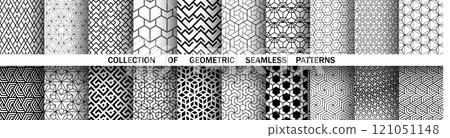 Geometric set of seamless black and white patterns. Simple vector graphics. 121051148