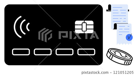A contactless payment card with a chip next to a receipt and coin. Ideal for themes of finance, technology, digital payment, commerce, and banking. Flat vector style 121051205