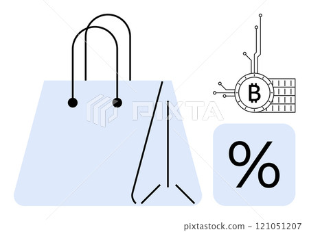 Shopping bag with handles alongside a Bitcoin symbol and a percentage sign symbolizing discounts. Ideal for online shopping digital currency e-commerce promotions retail sales tech-savvy style 121051207