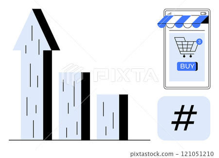 Bar chart with upward arrow, mobile shopping app with a notification, and hashtag symbol. Ideal for e-commerce, social media marketing, business growth, digital advertising, and online trends. Flat Bar chart with upward arrow, mobile shopping app with a notification, and hashtag symbol. Ideal for e-commerce, social media marketing, business growth, digital advertising, and online trends. Flat 121051210