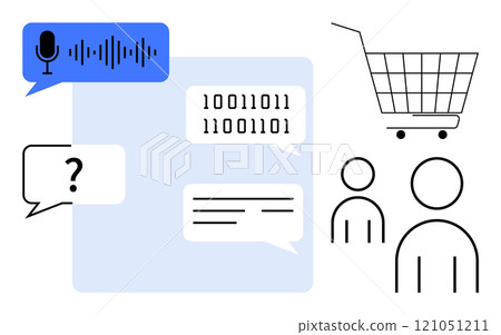 Speech bubbles with various icons and binary code, a shopping cart, and simple human figures. Ideal for communication, technology, e-commerce, customer interaction, and digital shopping concepts Speech bubbles with various icons and binary code, a shopping cart, and simple human figures. Ideal for communication, technology, e-commerce, customer interaction, and digital shopping concepts 121051211