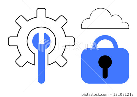 Blue gear with wrench, cloud, and lock symbolize technology and security. Ideal for digital security, technology services, cloud computing, IT support, software development. Simple modern style Blue gear with wrench, cloud, and lock symbolize technology and security. Ideal for digital security, technology services, cloud computing, IT support, software development. Simple modern style 121051212