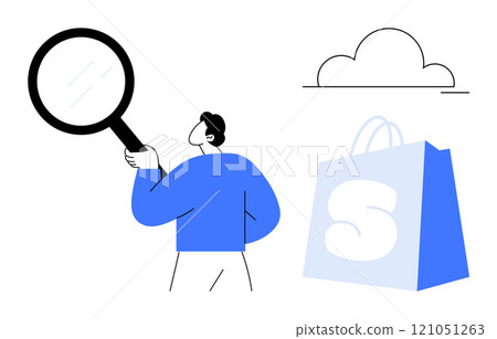 Person holding a magnifying glass next to a shopping bag with a capital S on it and a cloud. Ideal for e-commerce, online shopping, product search, digital marketing, consumer behavior. Simple modern Person holding a magnifying glass next to a shopping bag with a capital S on it and a cloud. Ideal for e-commerce, online shopping, product search, digital marketing, consumer behavior. Simple modern 121051263