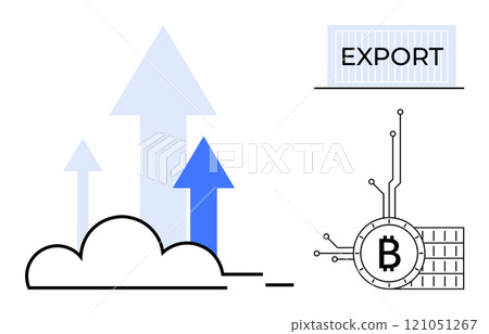 Cloud with arrows going upwards and cryptocurrency symbol illustrate export growth and economic modernization. Ideal for trade, cryptocurrency, blockchain technology, economic development, data Cloud with arrows going upwards and cryptocurrency symbol illustrate export growth and economic modernization. Ideal for trade, cryptocurrency, blockchain technology, economic development, data 121051267