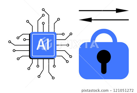 Image of an AI chip connected with multiple lines representing circuits a security lock and two data exchange arrows. Ideal for technology cybersecurity data exchange artificial intelligence 121051272