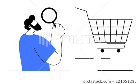 Man holding magnifying glass next to shopping cart. Ideal for e-commerce analysis, online shopping, product search, digital marketing, consumer behavior. Simple clean style Man holding magnifying glass next to shopping cart. Ideal for e-commerce analysis, online shopping, product search, digital marketing, consumer behavior. Simple clean style 121051285
