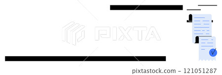 Documents with profile icons and checkmarks represent validation and verification processes. Black text blocks indicate important information. Ideal for administrative tasks, legal processes Documents with profile icons and checkmarks represent validation and verification processes. Black text blocks indicate important information. Ideal for administrative tasks, legal processes 121051287