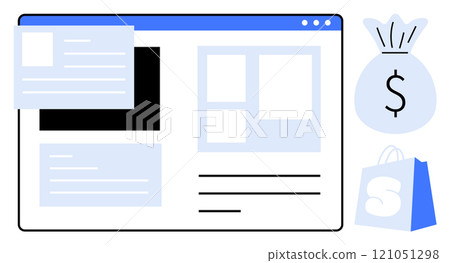 A web interface layout is shown with a financial symbol of a bag with a dollar sign and a shopping bag. Ideal for online retail, e-commerce, web design, online shopping, and financial transactions 121051298