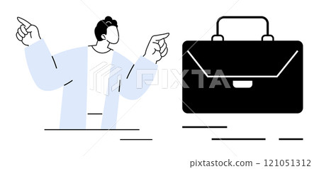 A person pointing with both hands stands next to a briefcase. Ideal for business presentations, employment, corporate themes, professional attire illustrations, office-related design, and career 121051312