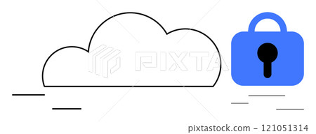 Cloud outline with blue padlock emphasizes data protection and secure storage. Ideal for online security, data privacy, cloud storage, cyber protection, and IT safety. Minimalist and modern style 121051314