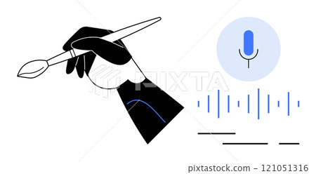 A hand holding a paintbrush next to a microphone and sound waves represents creativity and communication. Ideal for art, design, multimedia, voice recording, and podcasting. Clean minimal style A hand holding a paintbrush next to a microphone and sound waves represents creativity and communication. Ideal for art, design, multimedia, voice recording, and podcasting. Clean minimal style 121051316
