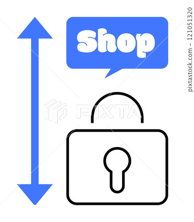 Blue vertical arrow, black padlock, and speech bubble with Shop text. Ideal for online security, e-commerce, data protection, safe transactions, user privacy. Simple and modern style Blue vertical arrow, black padlock, and speech bubble with Shop text. Ideal for online security, e-commerce, data protection, safe transactions, user privacy. Simple and modern style 121051320