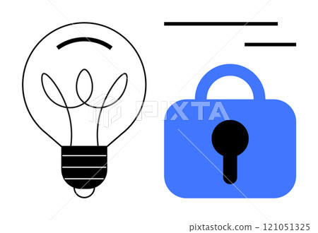 Simple black and white lightbulb next to a blue lock with lines above. Ideal for concepts related to innovation, security, technology, brainstorming and protection. Minimalist modern style Simple black and white lightbulb next to a blue lock with lines above. Ideal for concepts related to innovation, security, technology, brainstorming and protection. Minimalist modern style 121051325