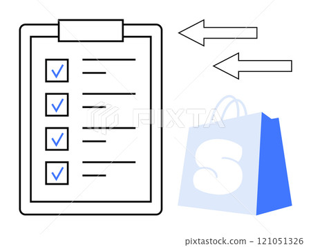 A clipboard with a checklist of blue checkmarks and directional arrows pointing to a shopping bag. Ideal for productivity, organization, shopping, task management, and to-do lists. Simple line style 121051326