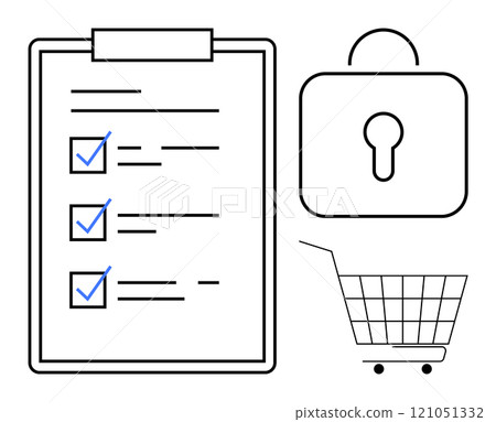 A clipboard with checkmarks, a padlock symbol, and a shopping cart. Ideal for project management, security, e-commerce, online shopping, and productivity concepts. Clean. Simple. Minimalistic 121051332