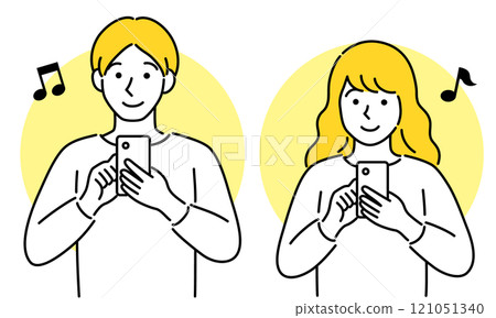 Front view of young men and women operating smartphones, couple taking selfies, simple and pop vector illustration Front view of young men and women operating smartphones, couple taking selfies, simple and pop vector illustration 121051340