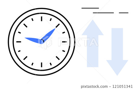 A black and white clock with blue hands next to blue up and down arrows. Ideal for time management, scheduling, productivity, efficiency, and workflow. Modern flat design style A black and white clock with blue hands next to blue up and down arrows. Ideal for time management, scheduling, productivity, efficiency, and workflow. Modern flat design style 121051341