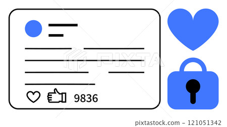 A digital post displays a like count, heart icon, and blue padlock icon. Ideal for social media, digital interaction, online security, privacy, internet trends. Flat vector style 121051342
