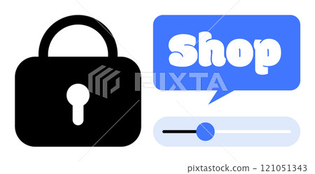 A black padlock representing security is displayed next to a speech bubble with the word Shop and a toggle button. Ideal for e-commerce, online safety, cybersecurity, digital transactions, and web 121051343