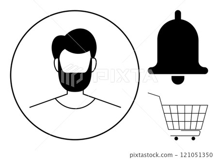 Profile of bearded man inside a circle alongside notification bell and shopping cart. Ideal for user interface design, apps, websites, social media, online shopping. Simple modern style Profile of bearded man inside a circle alongside notification bell and shopping cart. Ideal for user interface design, apps, websites, social media, online shopping. Simple modern style 121051350