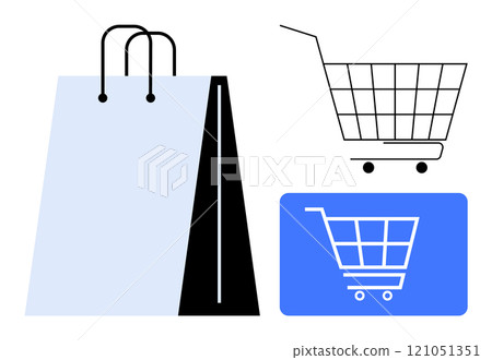 Shopping bag and shopping cart are illustrated. Ideal for online shopping, retail, commerce, marketing, business themes. Modern flat style Shopping bag and shopping cart are illustrated. Ideal for online shopping, retail, commerce, marketing, business themes. Modern flat style 121051351