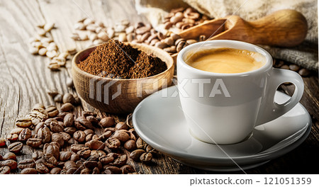 Espresso Coffee cup made from carefully selected Beans and Grounds on a Wooden Table 121051359