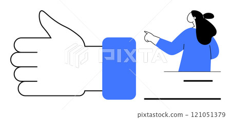 Large hand with a thumbs-up gesture next to a person pointing right. Ideal for approval contexts, positive feedback, social media, teamwork encouragement, and supportive messages. Simple modern lines 121051379