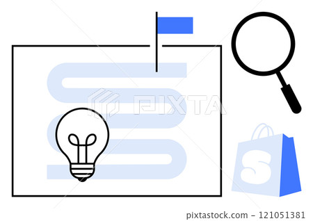 Light bulb on a path leading to a flag, magnifying glass and shopping bag in modern style. Ideal for business planning, strategy, innovation, e-commerce, product research. Simple, modern style 121051381