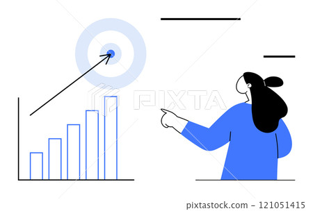 A person pointing towards a rising bar graph with an arrow hitting a target. Ideal for business success, goal setting, data analysis, productivity, and strategic planning. Modern flat cartoon style A person pointing towards a rising bar graph with an arrow hitting a target. Ideal for business success, goal setting, data analysis, productivity, and strategic planning. Modern flat cartoon style 121051415