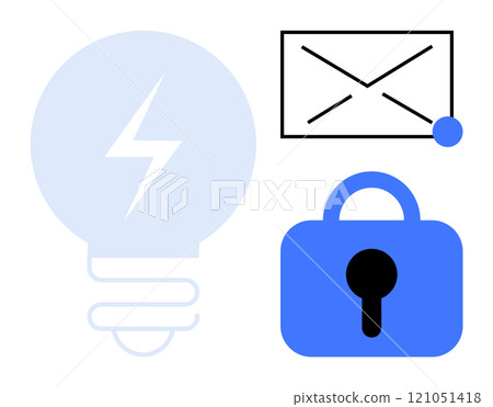 Lightbulb symbolizing ideas, an envelope for messaging, and a padlock for security. Ideal for innovation, communication, security, email notifications and tech solutions themes. Simple flat style Lightbulb symbolizing ideas, an envelope for messaging, and a padlock for security. Ideal for innovation, communication, security, email notifications and tech solutions themes. Simple flat style 121051418