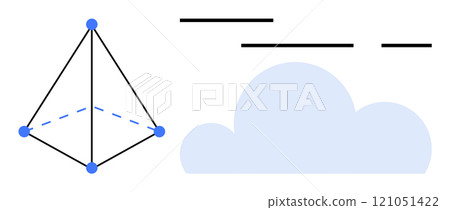 3D pyramid with blue nodes next to a light blue cloud and black lines. Ideal for educational, technology, weather, design, minimalist art, and abstract themes. Simplistic clean style 121051422