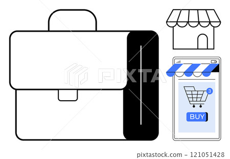 Simple illustrations of a business briefcase, an online shopping cart on a smartphone, and a small storefront. Ideal for business, online shopping, e-commerce, retail, and entrepreneurship. Modern Simple illustrations of a business briefcase, an online shopping cart on a smartphone, and a small storefront. Ideal for business, online shopping, e-commerce, retail, and entrepreneurship. Modern 121051428