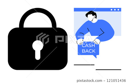 Simple lock represents security alongside a person holding a cashback sign. Ideal for e-commerce, data protection, online banking, customer rewards, financial security. Modern, minimalistic, vector Simple lock represents security alongside a person holding a cashback sign. Ideal for e-commerce, data protection, online banking, customer rewards, financial security. Modern, minimalistic, vector 121051436