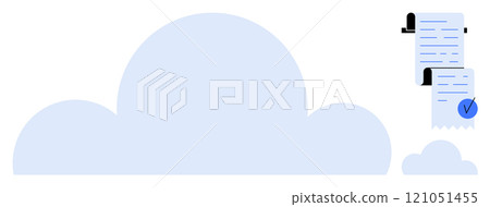 Blue cloud shape with documents next to it. Ideal for cloud computing, digital storage, data management, online safety, document organization. Simple minimalist vector style 121051455
