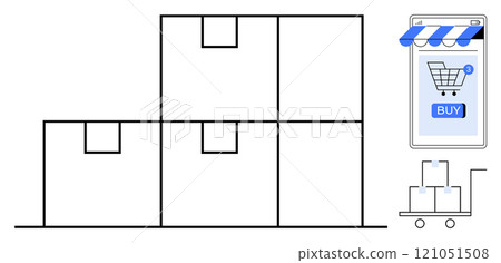 Stack of boxes next to a smartphone with a shopping cart icon and a buy button plus a trolley with boxes. Ideal for online shopping delivery supply chain logistics e-commerce business warehouse Stack of boxes next to a smartphone with a shopping cart icon and a buy button plus a trolley with boxes. Ideal for online shopping delivery supply chain logistics e-commerce business warehouse 121051508