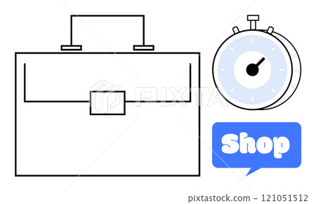 A briefcase, clock, and shop text highlight themes of time management, business, and e-commerce. Ideal for business presentations, time management strategies, e-commerce platforms, productivity A briefcase, clock, and shop text highlight themes of time management, business, and e-commerce. Ideal for business presentations, time management strategies, e-commerce platforms, productivity 121051512