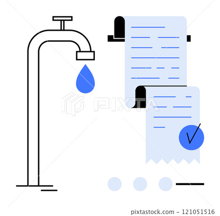 Faucet with a water droplet and a long receipt representing water usage. Ideal for environmental awareness, conservation, water bills, sustainability, and utility payment. Minimalist and clean design Faucet with a water droplet and a long receipt representing water usage. Ideal for environmental awareness, conservation, water bills, sustainability, and utility payment. Minimalist and clean design 121051516
