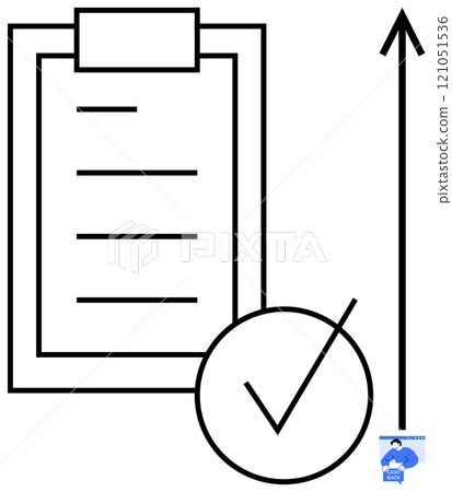 Black and white drawing shows a clipboard with a checklist, a checkmark in a circle, and an upward arrow indicating progress or approval. Ideal for productivity, organization, goals, achievements 121051536
