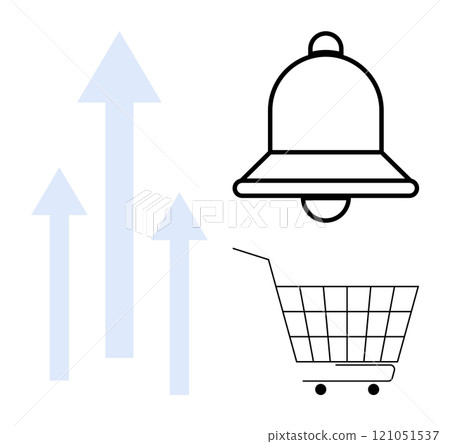 Three upward arrows in blue alongside a black notification bell and a shopping cart. Ideal for business, e-commerce, notifications, growth, marketing. Simple, minimalist design Three upward arrows in blue alongside a black notification bell and a shopping cart. Ideal for business, e-commerce, notifications, growth, marketing. Simple, minimalist design 121051537