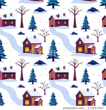 Charming Winter Seamless Pattern Design Featuring Decorative Elements in a Hand Drawn Cartoon Style Illustration Template 121051567