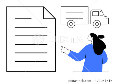 A person pointing at a large document next to a simple outline of a delivery truck. Ideal for logistics, documentation, shipping, courier services, business correspondence. Minimalist, modern, clean 121051616