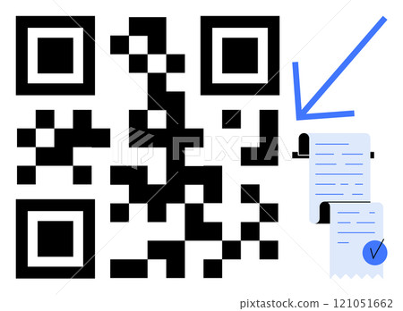 QR code with a blue arrow pointing to a paper receipt with a checkmark in a minimalist style. Ideal for digital transactions, electronic receipts, secure payments, modern technology, and mobile 121051662