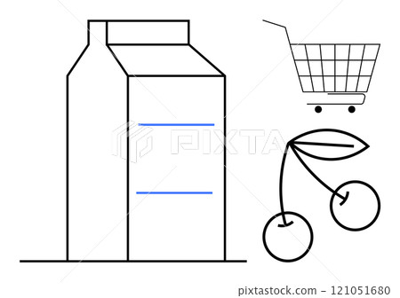 Milk carton shopping cart and cherries in simple line art. Ideal for grocery shopping healthy eating food and beverage supermarket and minimalist designs. Clean lines practical uses simplicity 121051680