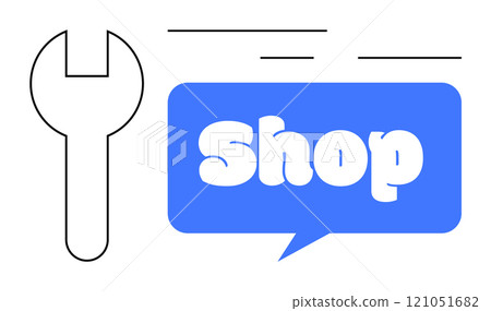 Black outlined wrench beside blue speech bubble with the word Shop in bubble font. Ideal for repair services toolshops graphic design advertisements and signage. Modern minimalist style 121051682