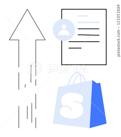 Large arrow, profile page, and shopping bag suggest growth in online sales and user engagement. Ideal for e-commerce, online marketing, user growth, digital business, and retail analytics. Simple Large arrow, profile page, and shopping bag suggest growth in online sales and user engagement. Ideal for e-commerce, online marketing, user growth, digital business, and retail analytics. Simple 121051684