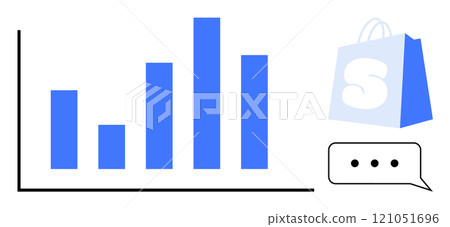 Bar graph with varying heights in blue. Adjacent shopping bag with letter S and a speech bubble with three dots. Ideal for analytics, e-commerce, communication, business, and marketing. Modern flat 121051696